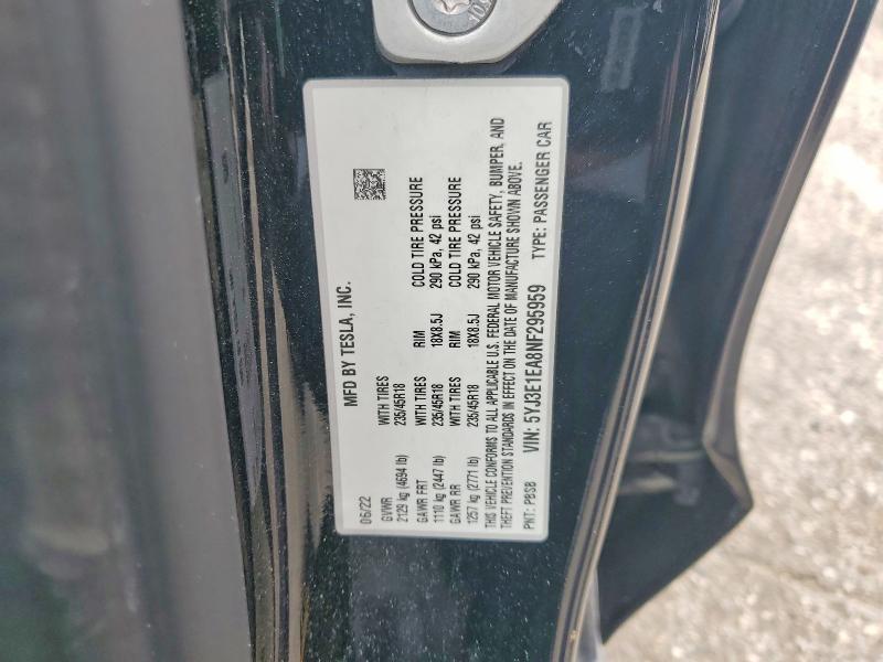 53893656 :رقم المزاد ، 5YJ3E1EA8NF295959 vin ، 2022 Tesla Model 3 مزاد بيع
