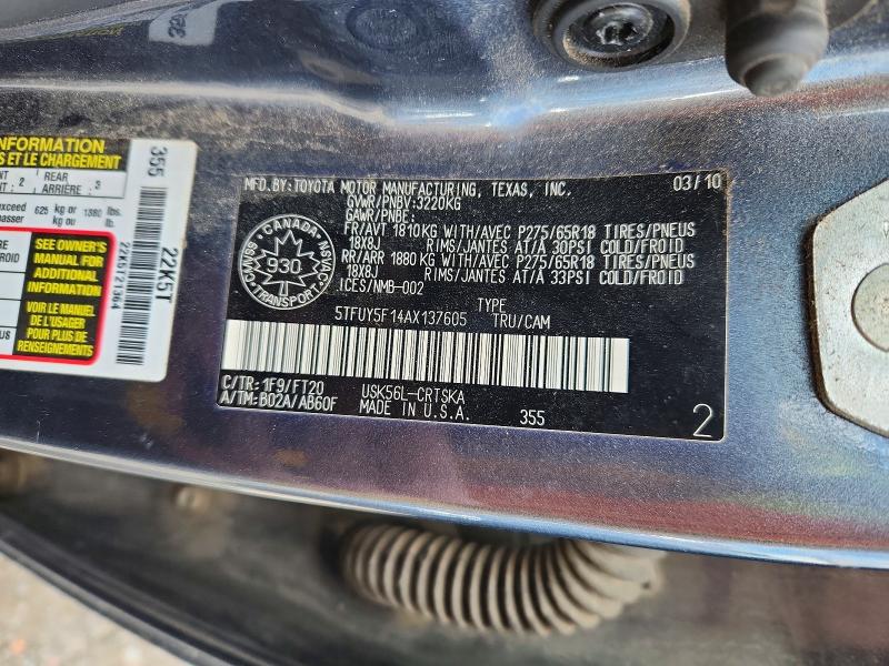 52663906 :رقم المزاد ، 5TFUY5F14AX137605 vin ، 2010 Toyota Tundra مزاد بيع