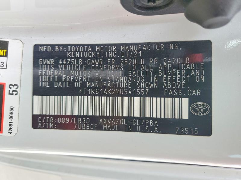 2021 Toyota Camry მანქანა იყიდება აუქციონზე, vin: 4T1K61AK2MU541557, აუქციონის ნომერი: 54641856