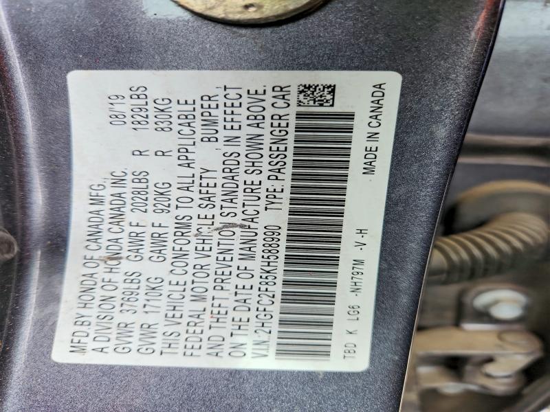 54537456 :رقم المزاد ، 2HGFC2F85KH588990 vin ، 2019 Honda Civic مزاد بيع