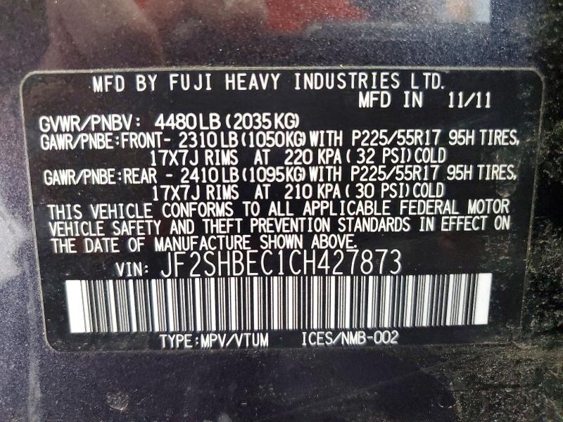 Продажа на аукционе авто 2012 Subaru Forester, vin: JF2SHBEC1CH427873, номер лота: 52162936