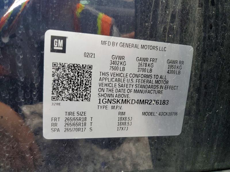 Продаж на аукціоні авто 2021 Chevrolet Tahoe, vin: 1GNSKMKD4MR276183, номер лоту: 54853326