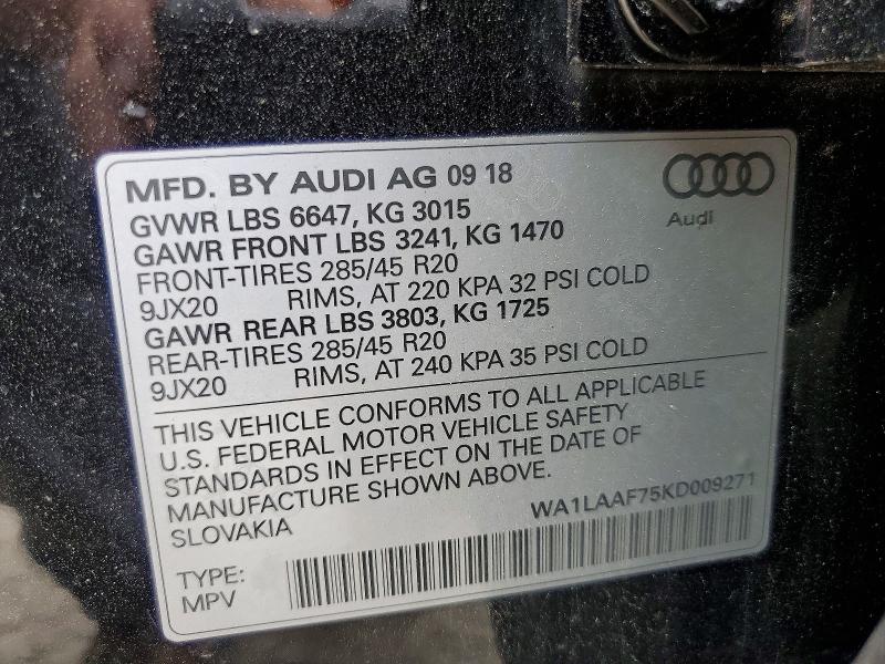 2019 Audi Q7 მანქანა იყიდება აუქციონზე, vin: WA1LAAF75KD009271, აუქციონის ნომერი: 54261416