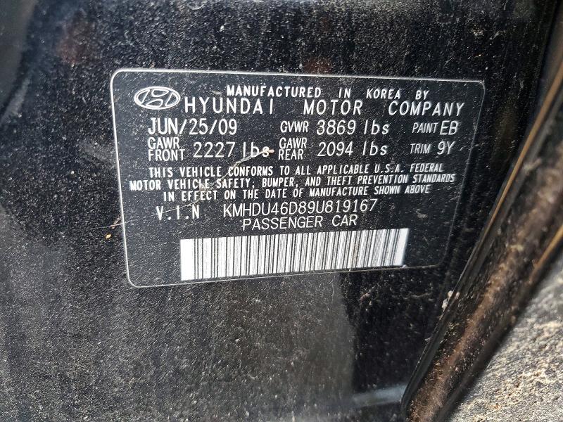 2009 Hyundai Elantra მანქანა იყიდება აუქციონზე, vin: KMHDU46D89U819167, აუქციონის ნომერი: 52603886