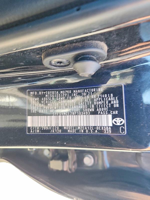 Продажа на аукционе авто 2022 Toyota Corolla, vin: 5YFS4MCE2NP103493, номер лота: 53074016