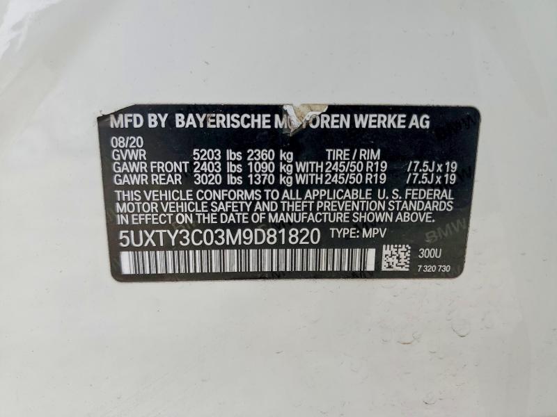 Aukcja sprzedaży 2021 Bmw X3, vin: 5UXTY3C03M9D81820, numer aukcji: 52544186