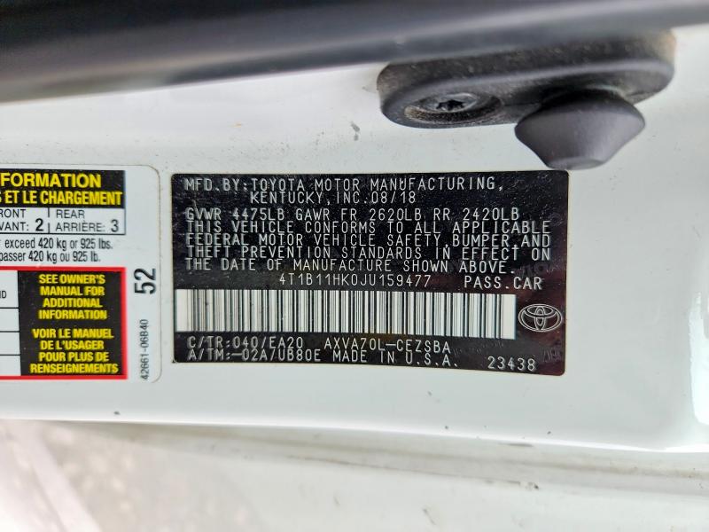 52180856 :رقم المزاد ، 4T1B11HK0JU159477 vin ، 2018 Toyota Camry مزاد بيع