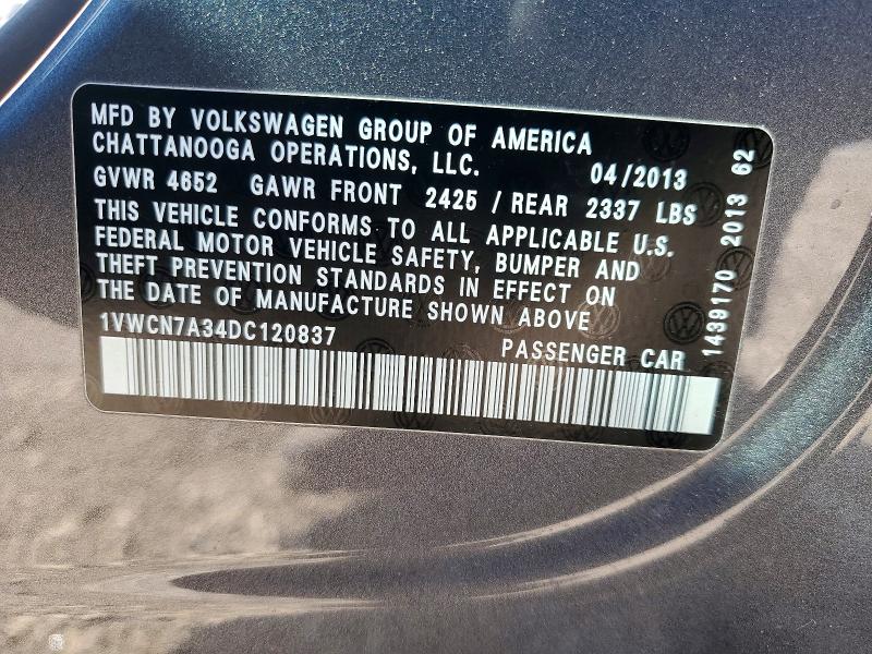 Продажа на аукционе авто 2013 Volkswagen Passat, vin: 1VWCN7A34DC120837, номер лота: 52714196