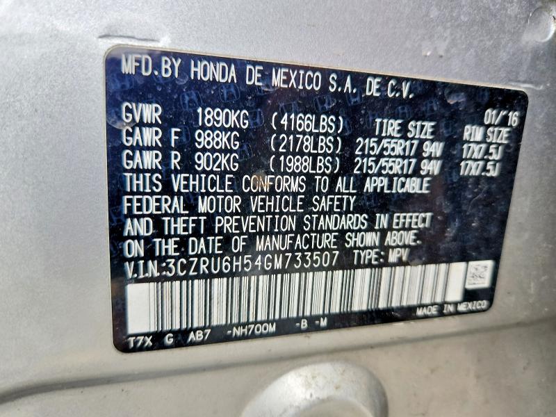 Aukcja sprzedaży 2016 Honda Hr-v, vin: 3CZRU6H54GM733507, numer aukcji: 53621096