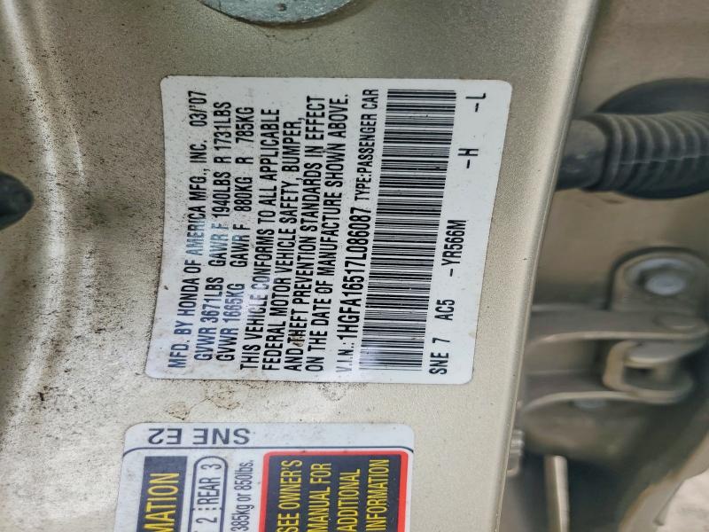 55611716 :رقم المزاد ، 1HGFA16517L086087 vin ، 2007 Honda Civic مزاد بيع