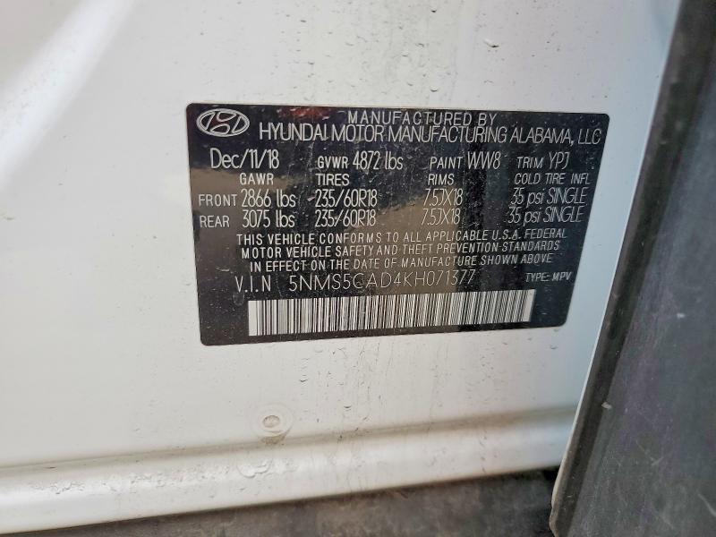 Aukcja sprzedaży 2019 Hyundai Santa Fe, vin: 5NMS5CAD4KH071377, numer aukcji: 53897336
