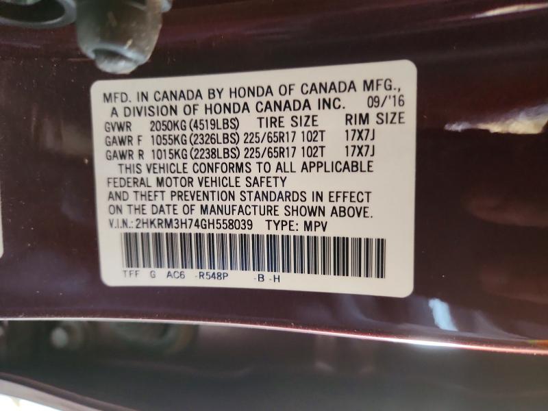 53205436 :رقم المزاد ، 2HKRM3H74GH558039 vin ، 2016 Honda Cr-v مزاد بيع