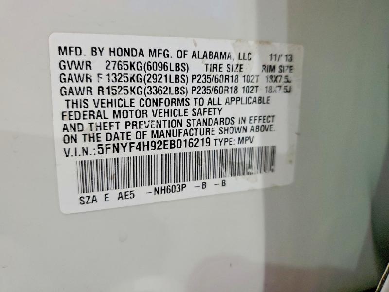 2014 Honda Pilot მანქანა იყიდება აუქციონზე, vin: 5FNYF4H92EB016219, აუქციონის ნომერი: 53347986