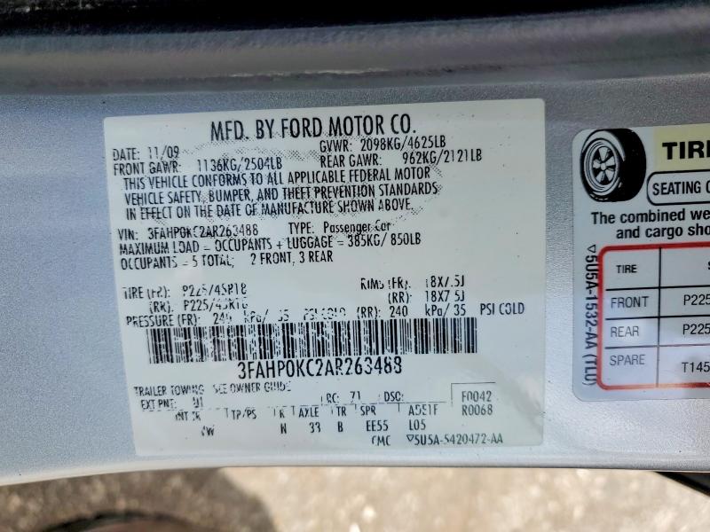 2010 Ford Fusion მანქანა იყიდება აუქციონზე, vin: 3FAHP0KC2AR263488, აუქციონის ნომერი: 55005946