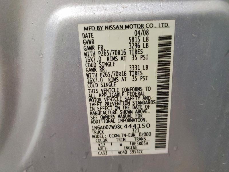 2008 Nissan Frontier მანქანა იყიდება აუქციონზე, vin: 1N6AD07W98C444150, აუქციონის ნომერი: 53736576
