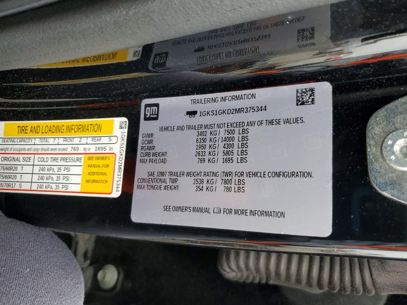 2021 Gmc Yukon Xl მანქანა იყიდება აუქციონზე, vin: 1GKS1GKD2MR375344, აუქციონის ნომერი: 52076026