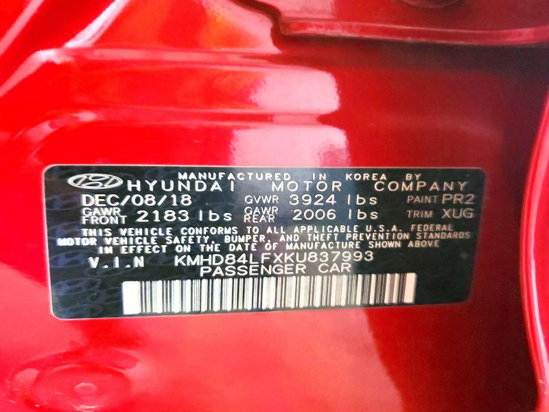 52168226 :رقم المزاد ، KMHD84LFXKU837993 vin ، 2019 Hyundai Elantra مزاد بيع