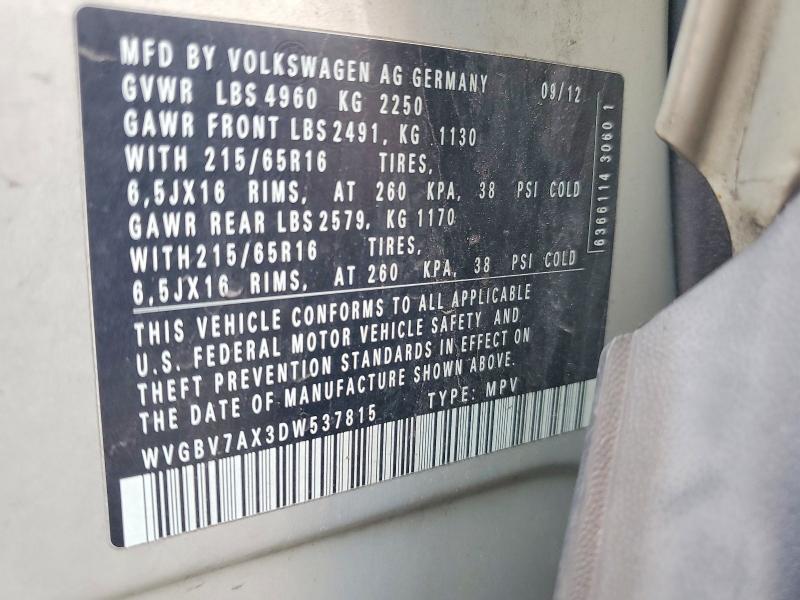 Продаж на аукціоні авто 2013 Volkswagen Tiguan, vin: WVGBV7AX3DW537815, номер лоту: 52807596