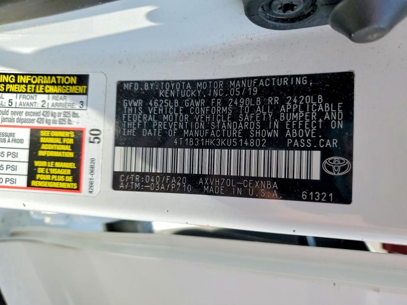 Aukcja sprzedaży 2019 Toyota Camry, vin: 4T1B31HK3KU514802, numer aukcji: 52193956