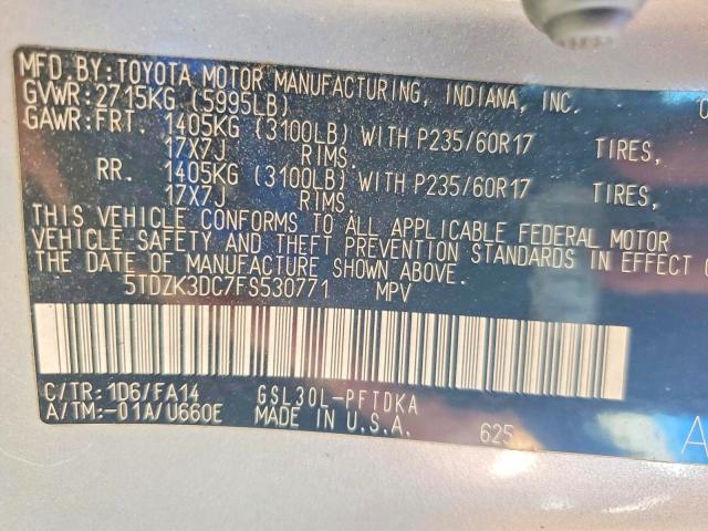Aukcja sprzedaży 2015 Toyota Sienna, vin: 5TDZK3DC7FS530771, numer aukcji: 54708856