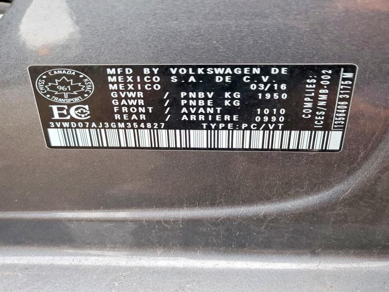 Aukcja sprzedaży 2016 Volkswagen Jetta, vin: 3VWD07AJ3GM354827, numer aukcji: 52253826