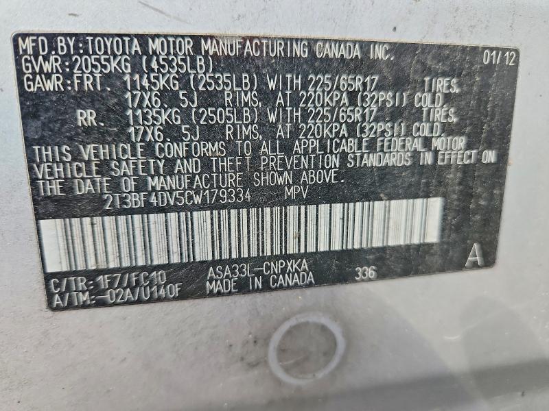 Aukcja sprzedaży 2012 Toyota Rav4, vin: 2T3BF4DV5CW179334, numer aukcji: 54863976