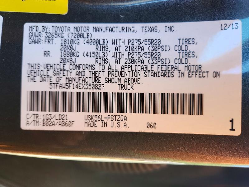 Продажа на аукционе авто 2014 Toyota Tundra, vin: 5TFAW5F14EX350827, номер лота: 52886126