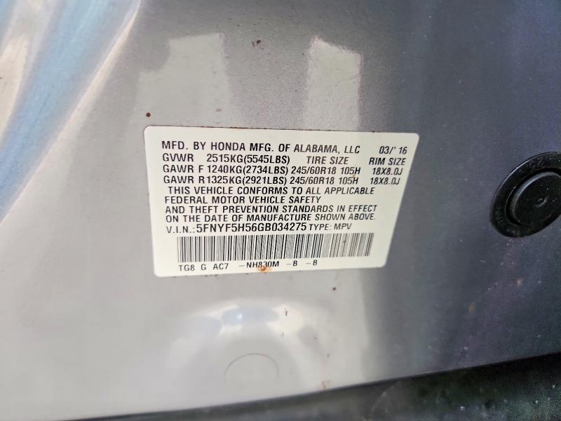 2016 Honda Pilot მანქანა იყიდება აუქციონზე, vin: 5FNYF5H56GB034275, აუქციონის ნომერი: 53208016
