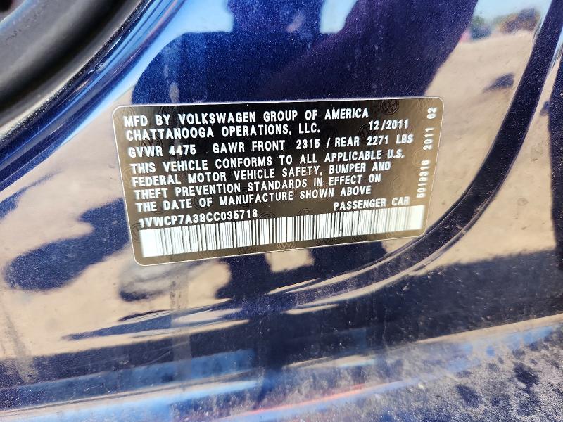 53055966 :رقم المزاد ، 1VWCP7A38CC035718 vin ، 2012 Volkswagen Passat مزاد بيع
