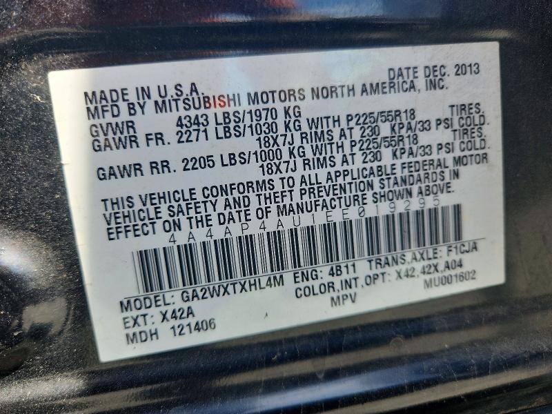 2014 Mitsubishi Outlander Sport მანქანა იყიდება აუქციონზე, vin: 4A4AP4AU1EE019295, აუქციონის ნომერი: 52502386