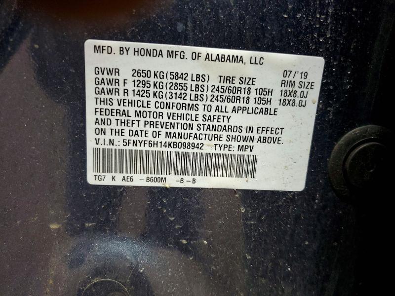 2019 Honda Pilot მანქანა იყიდება აუქციონზე, vin: 5FNYF6H14KB098942, აუქციონის ნომერი: 53530406