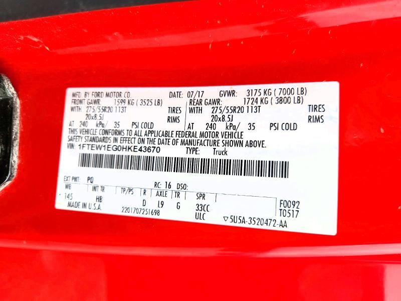 Продаж на аукціоні авто 2017 Ford F150, vin: 1FTEW1EG0HKE43670, номер лоту: 54145046