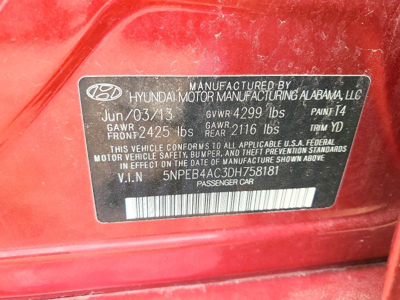 54286906 :رقم المزاد ، 5NPEB4AC3DH758181 vin ، 2013 Hyundai Sonata مزاد بيع
