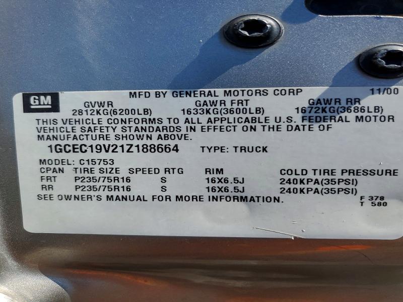 53564306 :رقم المزاد ، 1GCEC19V21Z188664 vin ، 2001 Chevrolet Silverado مزاد بيع