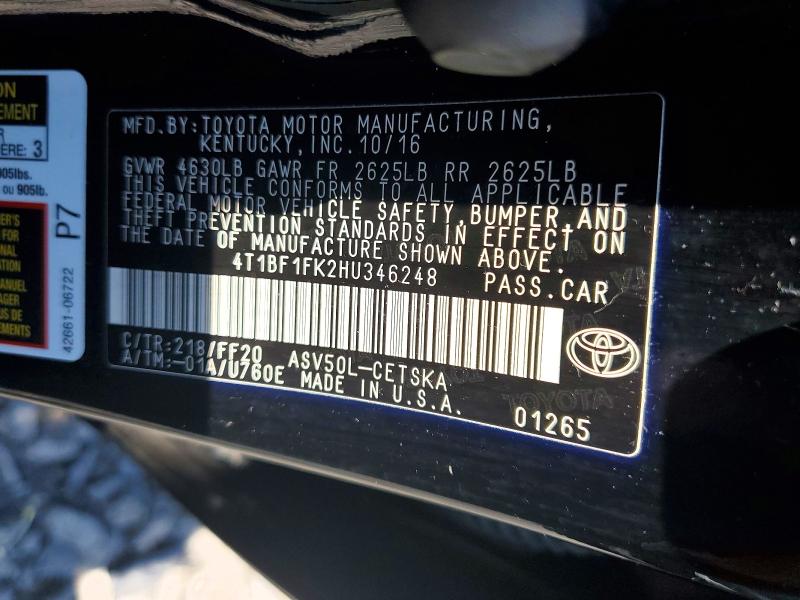 Aukcja sprzedaży 2017 Toyota Camry, vin: 4T1BF1FK2HU346248, numer aukcji: 53834666