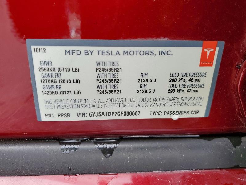 2012 Tesla Model S მანქანა იყიდება აუქციონზე, vin: 5YJSA1DP7CFS00687, აუქციონის ნომერი: 53662936