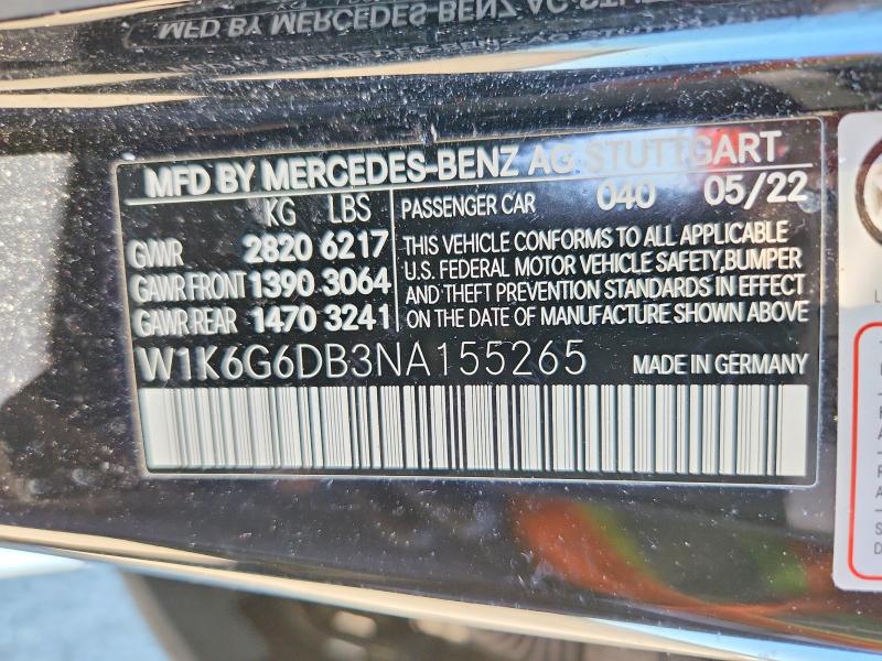 53495316 :رقم المزاد ، W1K6G6DB3NA155265 vin ، 2022 Mercedes-benz S مزاد بيع