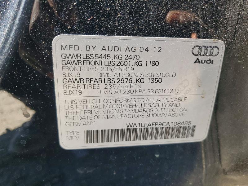 2012 Audi Q5 მანქანა იყიდება აუქციონზე, vin: WA1LFAFP9CA108485, აუქციონის ნომერი: 53909656