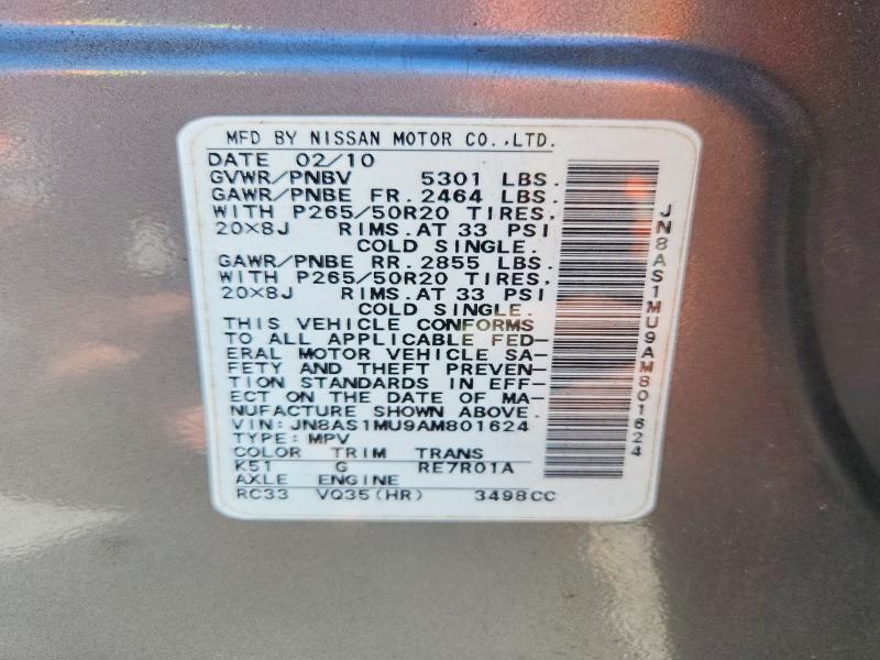 53088106 :رقم المزاد ، JN8AS1MU9AM801624 vin ، 2010 Infiniti Fx35 مزاد بيع