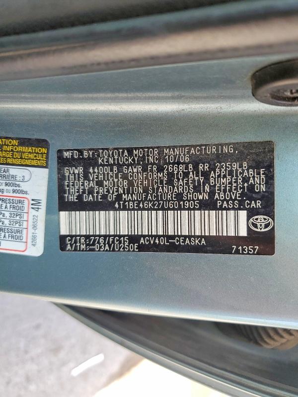 Продажа на аукционе авто 2007 Toyota Camry, vin: 4T1BE46K27U601905, номер лота: 52397076
