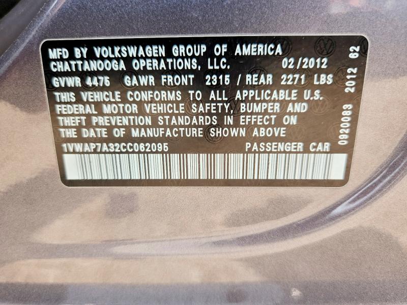 53987506 :رقم المزاد ، 1VWAP7A32CC062095 vin ، 2012 Volkswagen Passat مزاد بيع