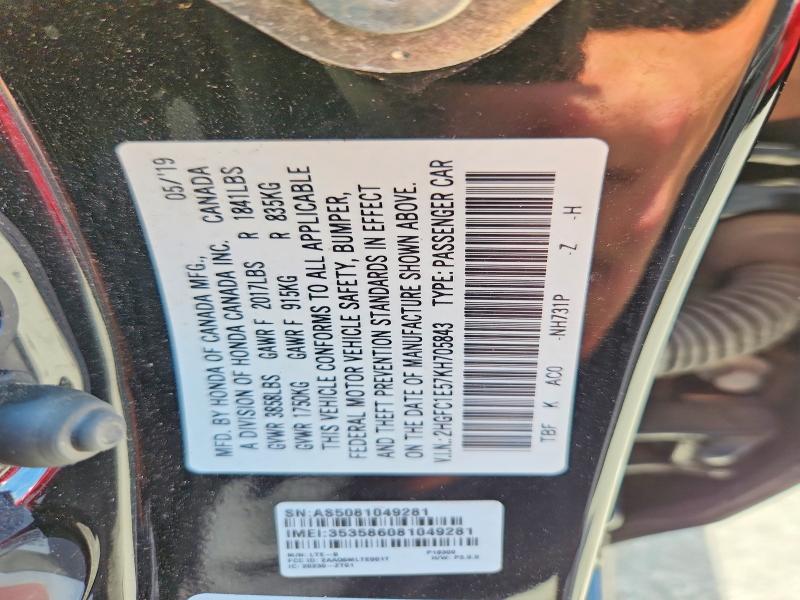 Продаж на аукціоні авто 2019 Honda Civic, vin: 2HGFC1E57KH705843, номер лоту: 55767826