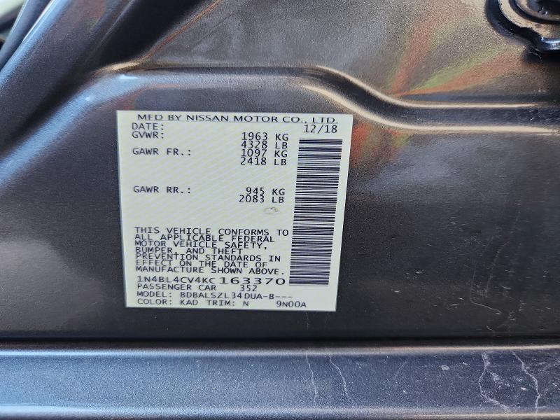 55376876 :رقم المزاد ، 1N4BL4CV4KC163370 vin ، 2019 Nissan Altima مزاد بيع