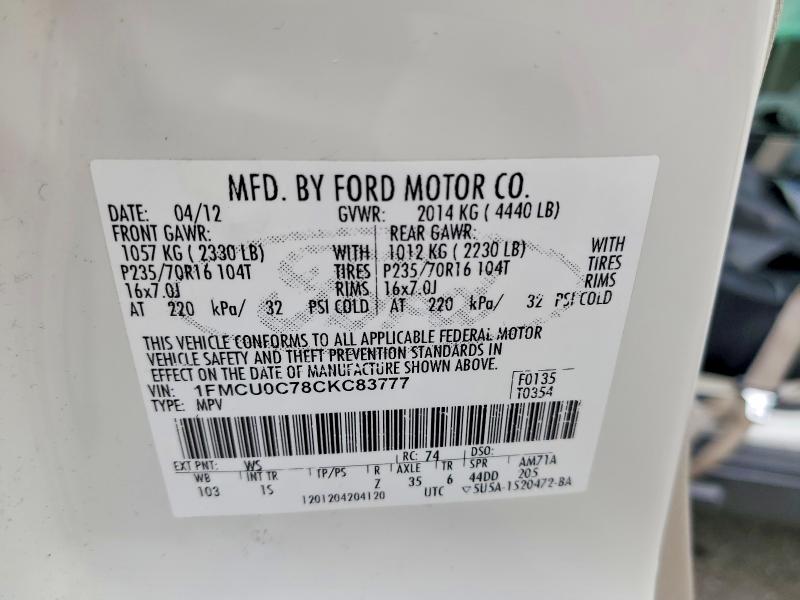 2012 Ford Escape მანქანა იყიდება აუქციონზე, vin: 1FMCU0C78CKC83777, აუქციონის ნომერი: 54526536