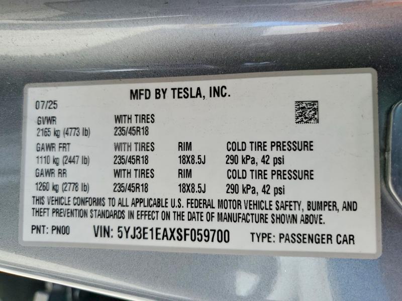 52238596 :رقم المزاد ، 5YJ3E1EAXSF059700 vin ، 2025 Tesla Model 3 مزاد بيع