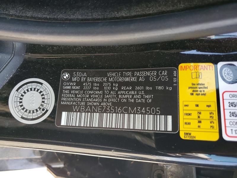 Продаж на аукціоні авто 2006 Bmw 530, vin: WBANE73516CM34505, номер лоту: 54341646