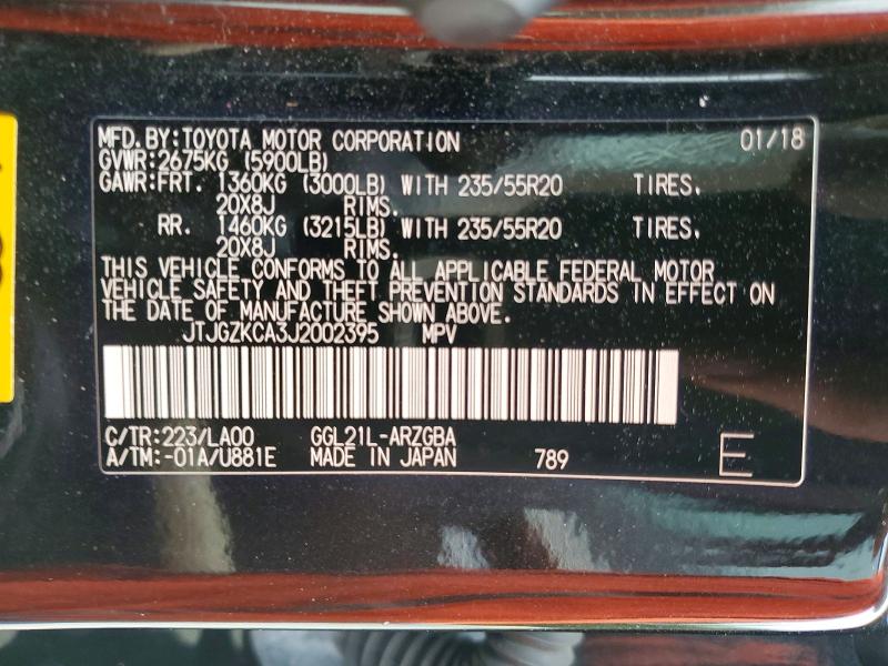 2018 Lexus Rx მანქანა იყიდება აუქციონზე, vin: JTJGZKCA3J2002395, აუქციონის ნომერი: 53401886