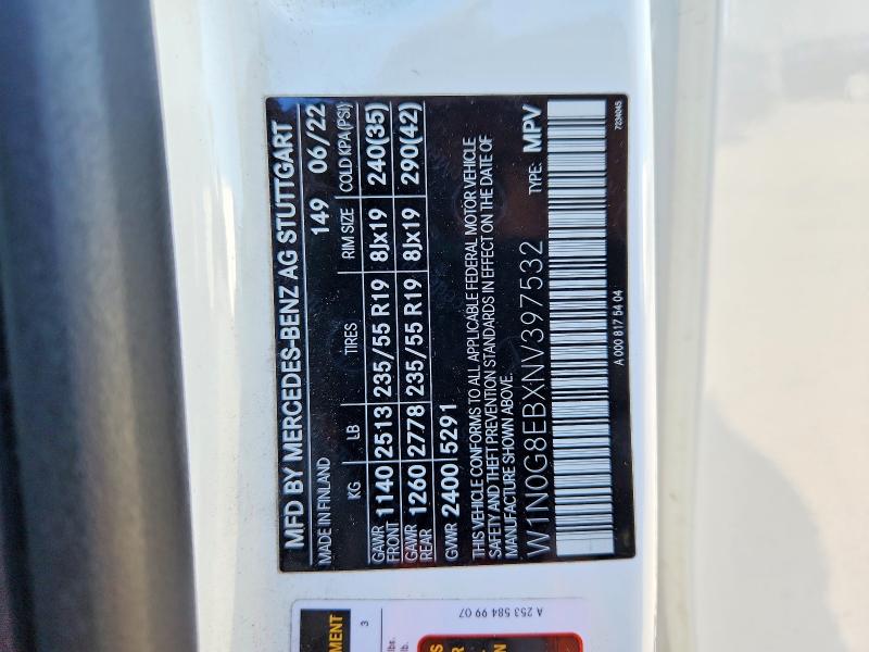 53980156 :رقم المزاد ، W1N0G8EBXNV397532 vin ، 2022 Mercedes-benz Glc مزاد بيع