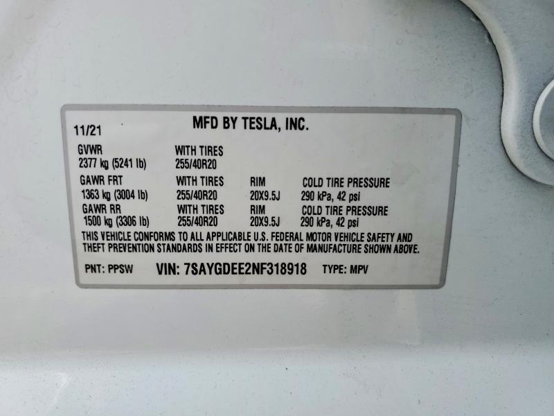 55401266 :رقم المزاد ، 7SAYGDEE2NF318918 vin ، 2022 Tesla Model Y مزاد بيع