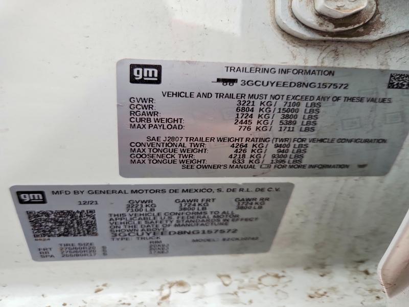 2022 Chevrolet Silverado Ltd მანქანა იყიდება აუქციონზე, vin: 3GCUYEED8NG157572, აუქციონის ნომერი: 52175726